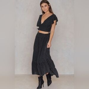 Free People Pretty Daze 2-Piece Midi Skirt Set Black & White Polka Dot Flutter